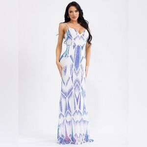 White & Blue Geometric Sequin Maxi Dress - Women